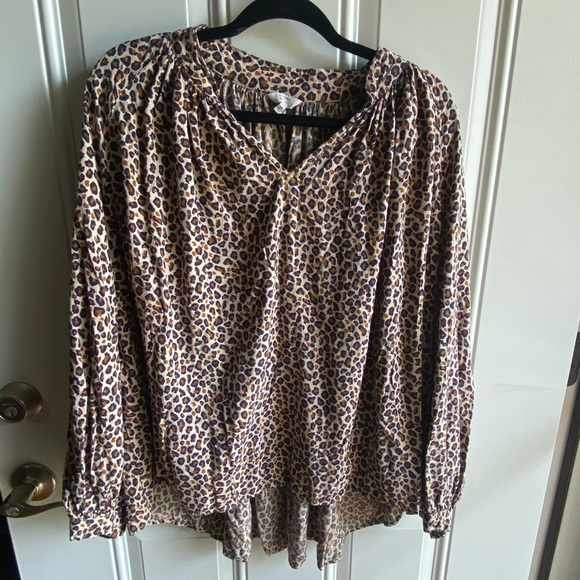 Crown & Ivy 2X Womens Navy And Brown Animal Print Long Sleeve Blouse Neck Tie - Picture 1 of 6